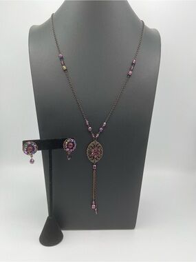 Miriam Haskell Purple Beaded Filigree Drop Necklace